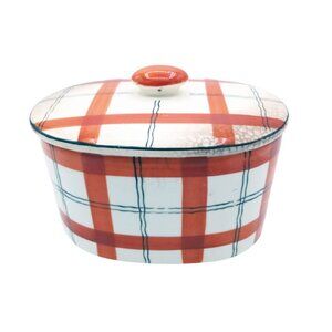 Red Plaid Storage Container Hand Painted Ceramic Crazed Vintage Takito Company